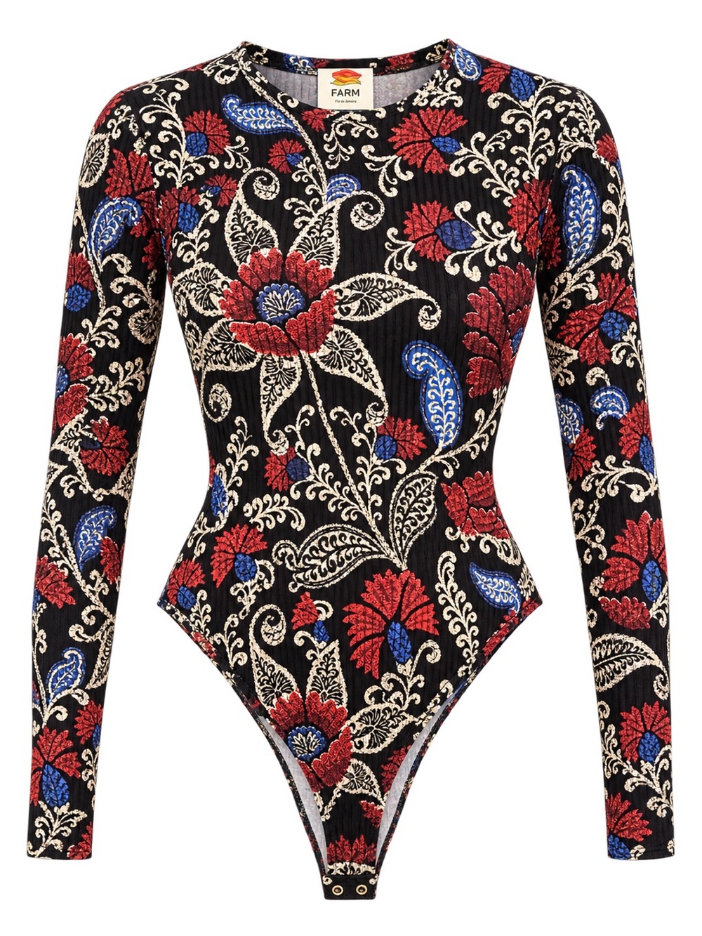 FARM Rio Black Floral Long-Sleeve One-Piece Swimsuit with Red & Blue Accents
